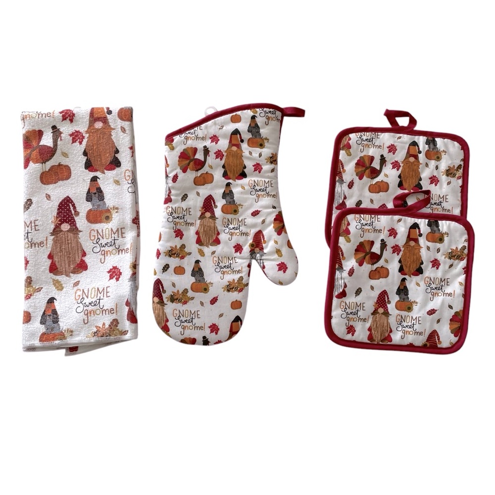 Fall Thanksgiving Kitchen Towel Oven Mitt Pot Holders Gnome 4-pc. Set